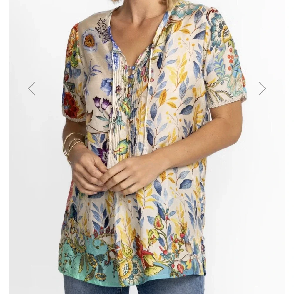 Johnny Was Blu Mai Silk Floral Print Tunic Top XS Boho Tassel Peasant Top Blouse